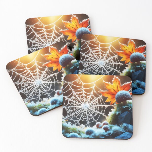 Item preview, Autumnal spiderweb in icy environment with a fall leaf designed and sold by EmeraldeaArt.