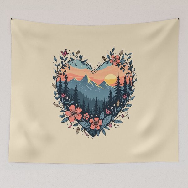 Item preview, Heart-Shaped Floral Mountain Scene | Feminine Nature Landscape Hiking Aesthetic for Flowercore, Wilderness & Adventure Lovers designed and sold by Fantasy Cache.