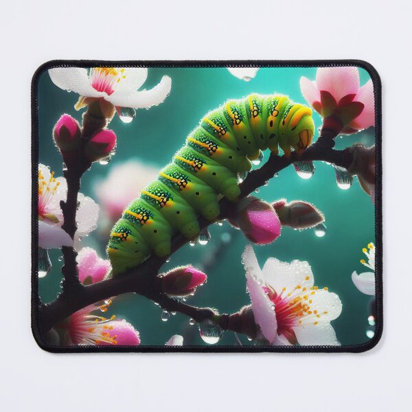 Item preview, Cute greenish yellow Maggot At Worm on a sakura twig in pink bloom designed and sold by EmeraldeaArt.