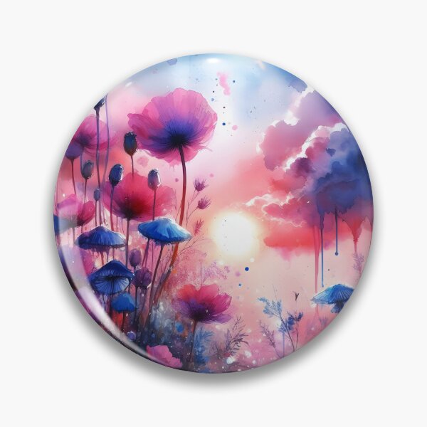 Item preview, Splashy Aquarelle Funghi Art with blue Mushrooms and pink tall poppies wildflowers designed and sold by EmeraldeaArt.