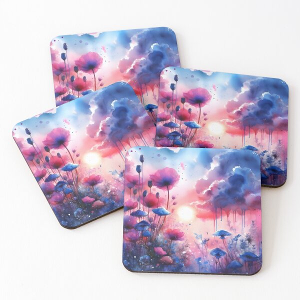 Item preview, Splashy Aquarelle Funghi Art with blue Mushrooms and pink tall poppies wildflowers designed and sold by EmeraldeaArt.