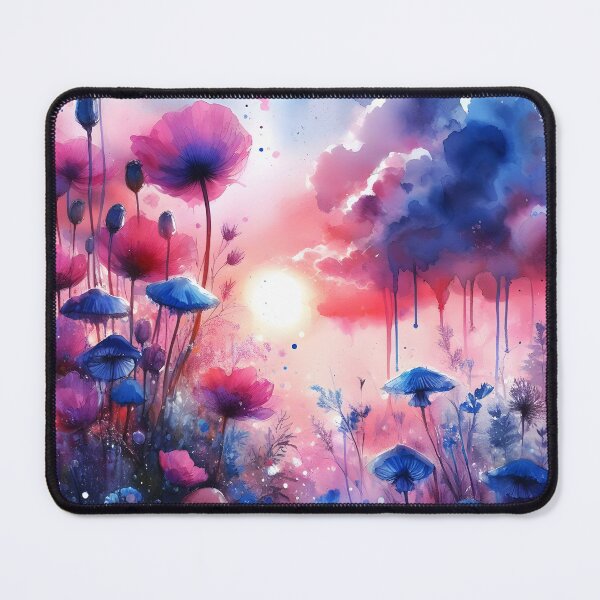 Item preview, Splashy Aquarelle Funghi Art with blue Mushrooms and pink tall poppies wildflowers designed and sold by EmeraldeaArt.