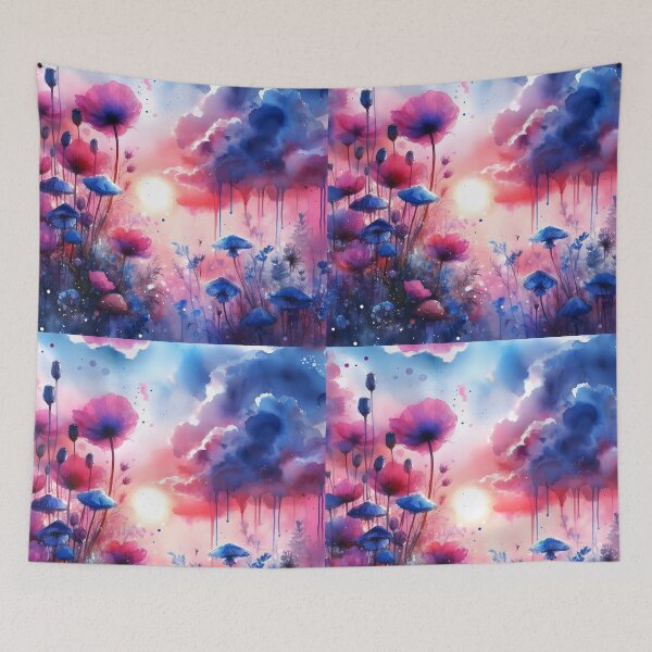 Item preview, Splashy Aquarelle Funghi Art with blue Mushrooms and pink tall poppies wildflowers designed and sold by EmeraldeaArt.