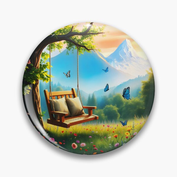 Item preview, Relax place with a cozy Mountain Swing on a a wildfloral meadow field with butterflies  designed and sold by EmeraldeaArt.