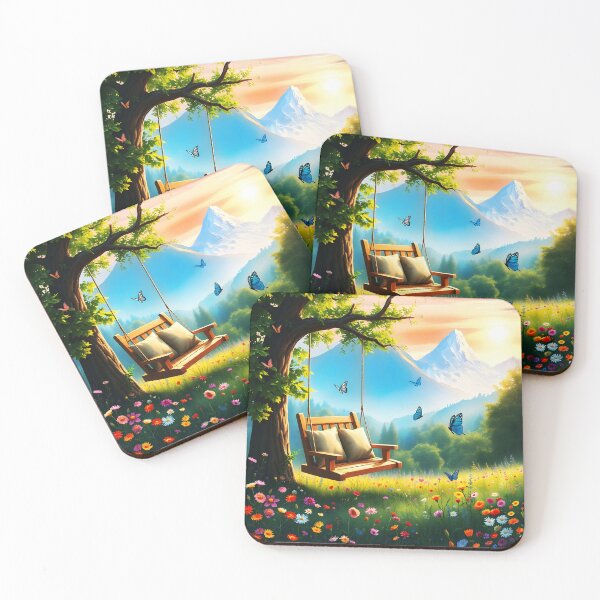 Item preview, Relax place with a cozy Mountain Swing on a a wildfloral meadow field with butterflies  designed and sold by EmeraldeaArt.