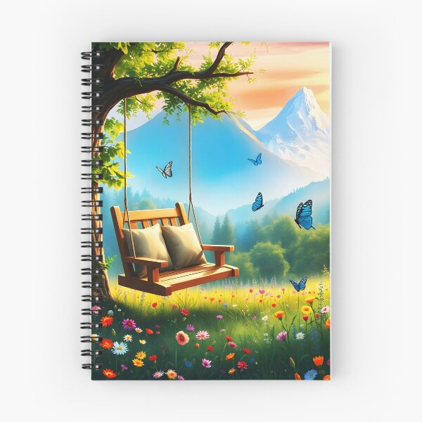 Item preview, Relax place with a cozy Mountain Swing on a a wildfloral meadow field with butterflies  designed and sold by EmeraldeaArt.