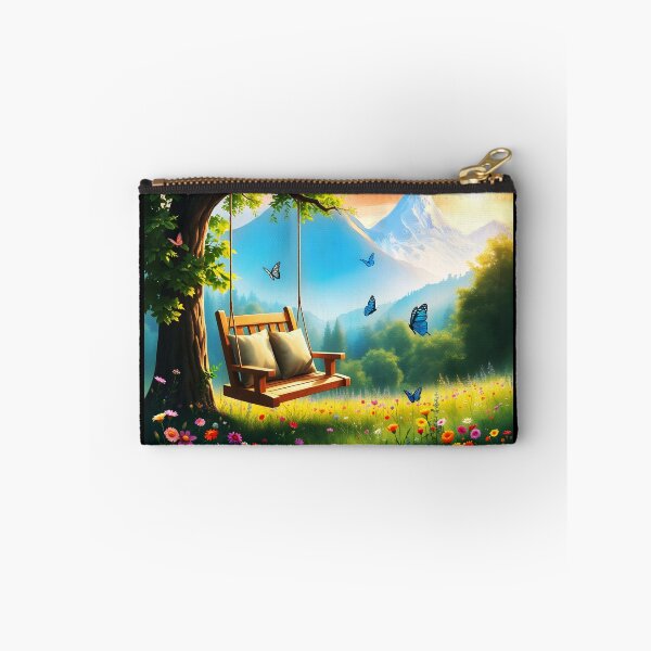Item preview, Relax place with a cozy Mountain Swing on a a wildfloral meadow field with butterflies  designed and sold by EmeraldeaArt.
