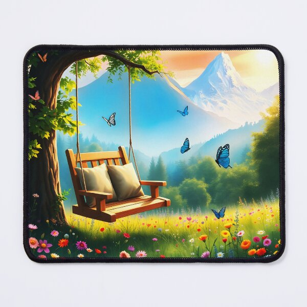 Item preview, Relax place with a cozy Mountain Swing on a a wildfloral meadow field with butterflies designed and sold by EmeraldeaArt.