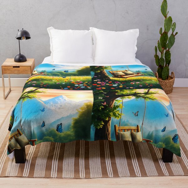 Item preview, Relax place with a cozy Mountain Swing on a a wildfloral meadow field with butterflies  designed and sold by EmeraldeaArt.