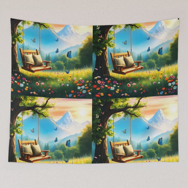 Item preview, Relax place with a cozy Mountain Swing on a a wildfloral meadow field with butterflies  designed and sold by EmeraldeaArt.