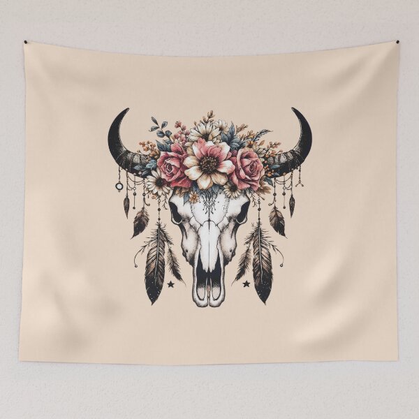 Item preview, Cow Skull and Crown rose, Boho Cow Skull with sunfloral crown, watercolor,style, rodeo, wild, farm, cowgirl, shabby chic designed and sold by Collagedream.