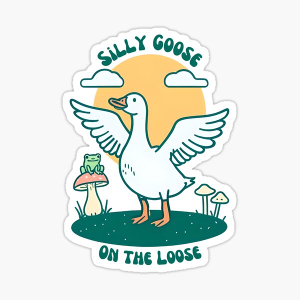 Silly Goose on the Loose – Vintage Goose and Frog on Mushroom Design Sticker