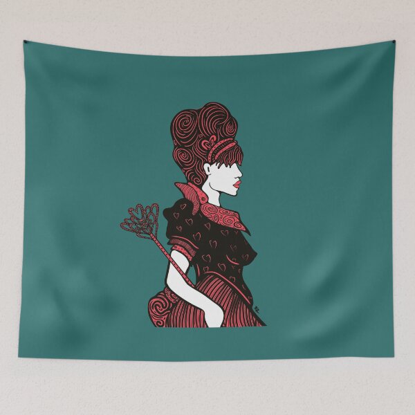 Item preview, Queen of Hearts hand drawn black line illustration in Red Teal designed and sold by LayerCakeDigDes.