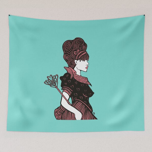 Item preview, Queen of Hearts hand drawn black line illustration in Coral Pink Aqua designed and sold by LayerCakeDigDes.