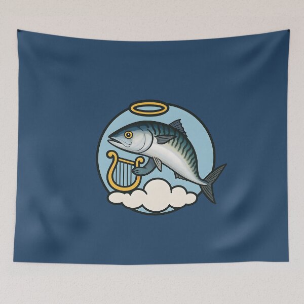 Item preview, Holy Mackerel Circle Sticker – Angel Fish with Harp, Clouds & Halo | Funny Clean Cartoon Design designed and sold by WAUZ.