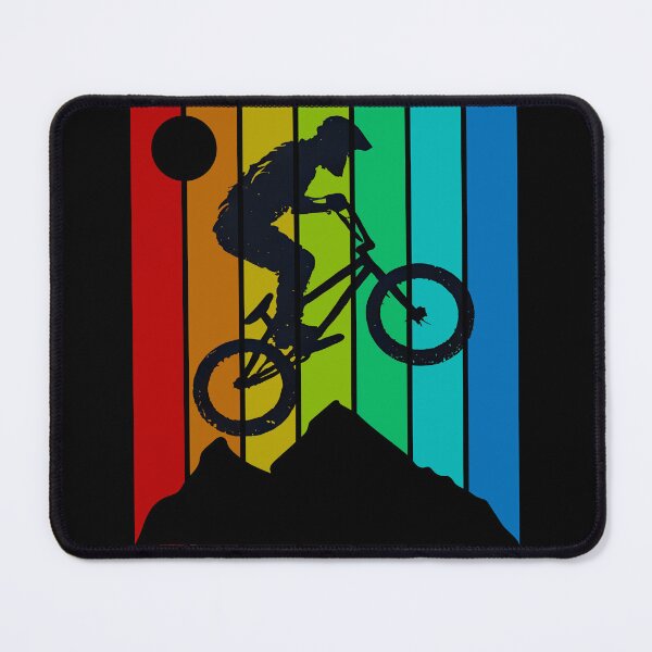 Item preview, Retro BMX Mountain Biking Silhouette with Rainbow Stripes – Vintage Off-Road Cyclist Jumping Over Peaks Design designed and sold by DrawHandArt.