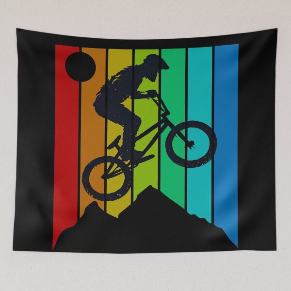 Item preview, Retro BMX Mountain Biking Silhouette with Rainbow Stripes – Vintage Off-Road Cyclist Jumping Over Peaks Design designed and sold by DrawHandArt.