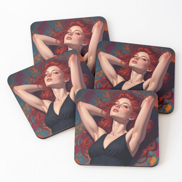 Item preview,  Beautiful Redhead woman posing with her hands behind her head in black dress designed and sold by Vintage Designs +.