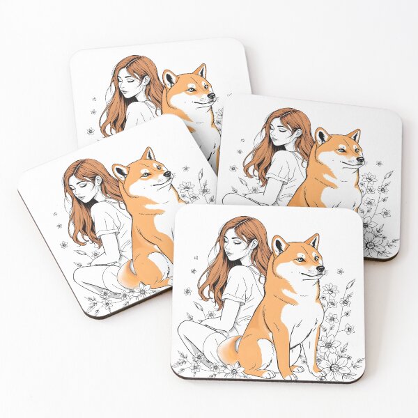 Item preview, Red hair Girl with her Shiba Inu dog floral lineart minimalist illustration designed and sold by EmeraldeaArt.