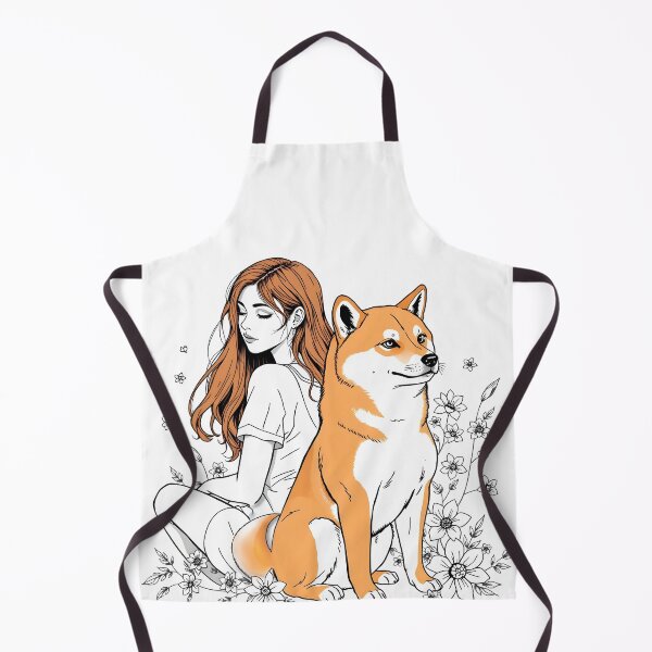 Item preview, Red hair Girl with her Shiba Inu dog floral lineart minimalist illustration designed and sold by EmeraldeaArt.