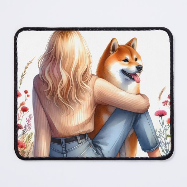Item preview, Blond Girl with her Shiba Inu dog floral aquarelle illustration designed and sold by EmeraldeaArt.