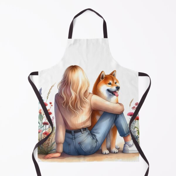 Item preview, Blond Girl with her Shiba Inu dog floral aquarelle illustration designed and sold by EmeraldeaArt.