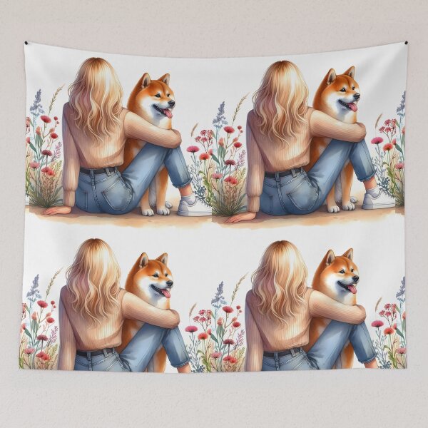 Item preview, Blond Girl with her Shiba Inu dog floral aquarelle illustration designed and sold by EmeraldeaArt.