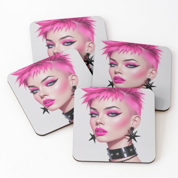 Item preview, Punk Girl with styled pink hair and make up. Rebellious woman with big earrings and spike choker. Female rock designed and sold by GennyBunny.