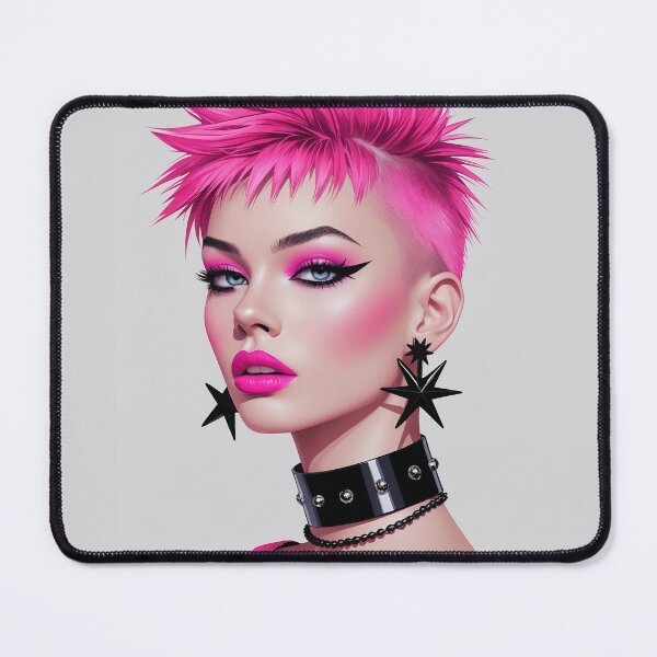 Item preview, Punk Girl with styled pink hair and make up. Rebellious woman with big earrings and spike choker. Female rock designed and sold by GennyBunny.