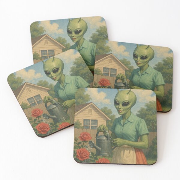 Item preview, Alien lady in the 50s waters the roses in her garden designed and sold by crazypattern.