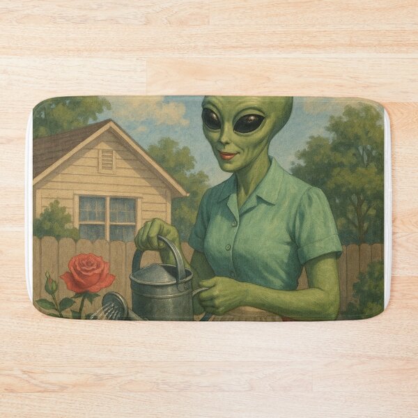 Item preview, Alien lady in the 50s waters the roses in her garden designed and sold by crazypattern.