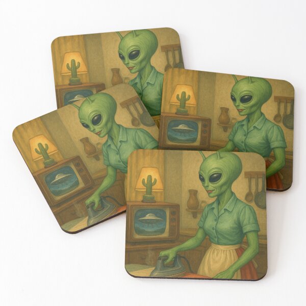 Item preview, A 50's alien lady is ironing a dress while watching UFOs on TV designed and sold by crazypattern.