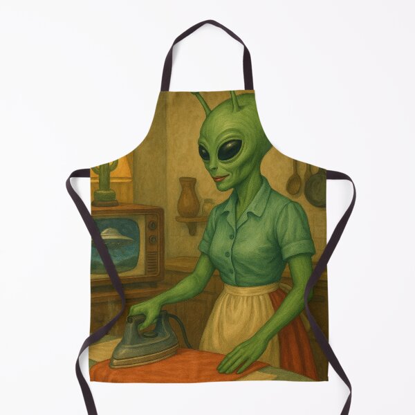 Item preview, A 50's alien lady is ironing a dress while watching UFOs on TV designed and sold by crazypattern.