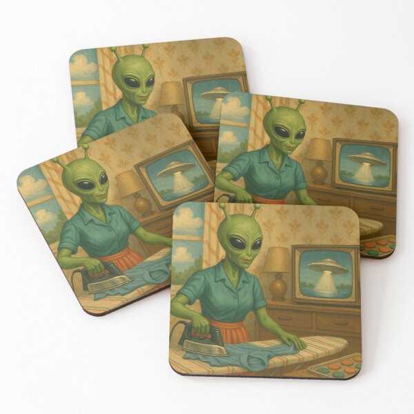 Item preview, A 50's alien lady is ironing a dress while watching UFOs on TV designed and sold by crazypattern.