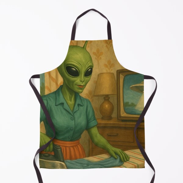 Item preview, A 50's alien lady is ironing a dress while watching UFOs on TV designed and sold by crazypattern.