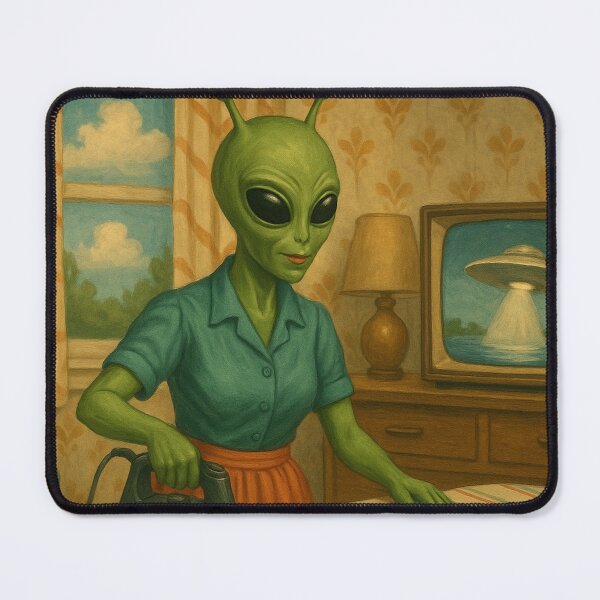 Item preview, A 50's alien lady is ironing a dress while watching UFOs on TV designed and sold by crazypattern.