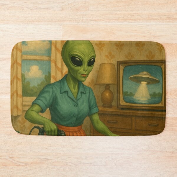 Item preview, A 50's alien lady is ironing a dress while watching UFOs on TV designed and sold by crazypattern.