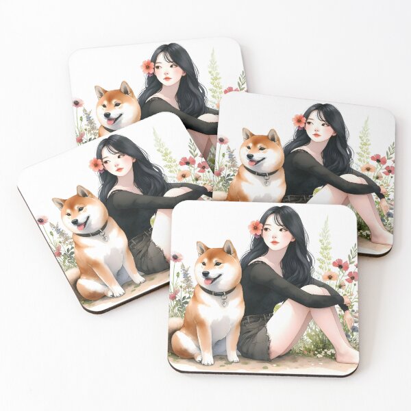 Item preview, Black hair asian Girl  wearing black with her Shiba Inu dog floral watercolor illustration designed and sold by EmeraldeaArt.