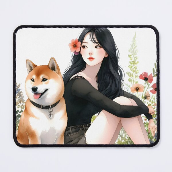 Item preview, Black hair asian Girl  wearing black with her Shiba Inu dog floral watercolor illustration designed and sold by EmeraldeaArt.