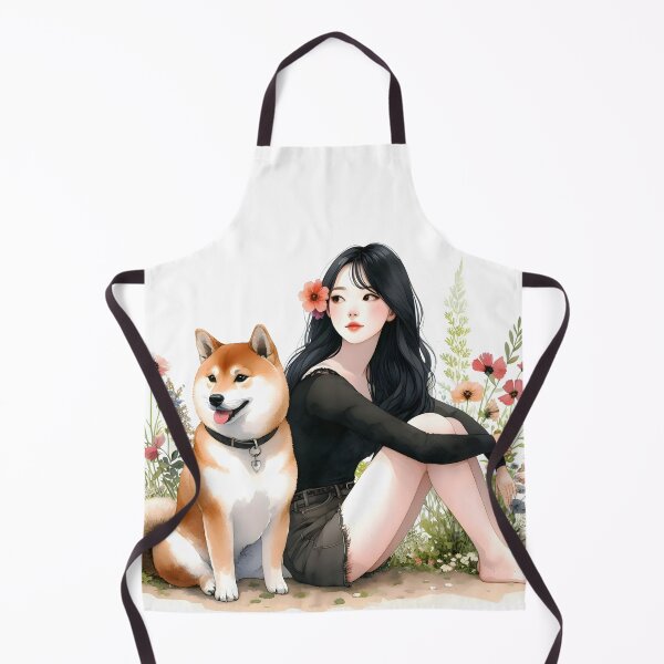 Item preview, Black hair asian Girl wearing black with her Shiba Inu dog floral watercolor illustration designed and sold by EmeraldeaArt.