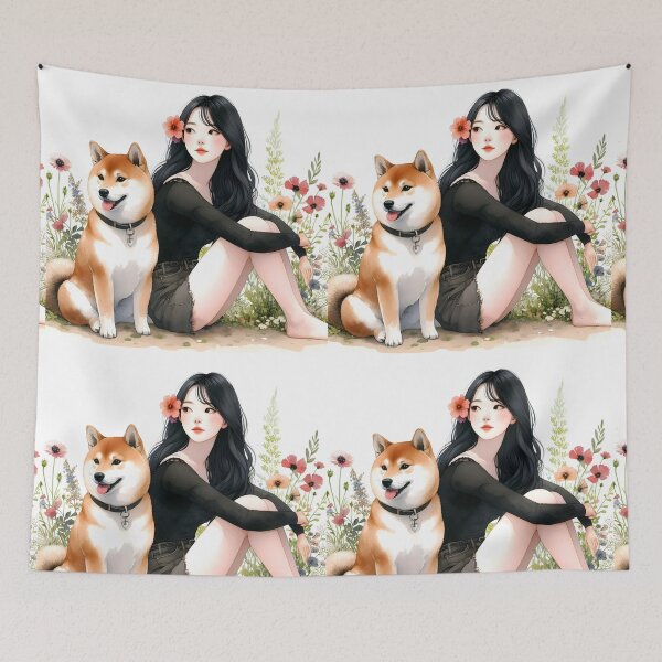 Item preview, Black hair asian Girl  wearing black with her Shiba Inu dog floral watercolor illustration designed and sold by EmeraldeaArt.
