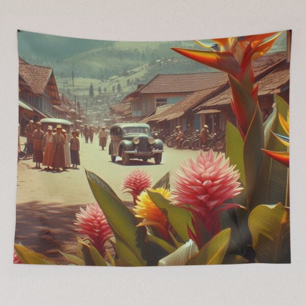 Item preview, Pematang Siantar City in 60s Photo Style at 3 PM – Retro AI Artwork with Floral Touches for City and Flower Lovers designed and sold by knalpot-design.