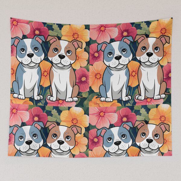 Item preview, Two cute pitbull puppies against a floral colorful backdrop designed and sold by EmeraldeaArt.