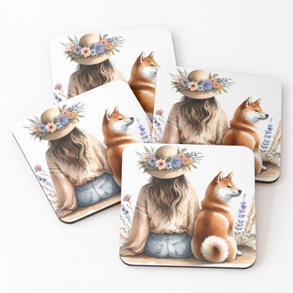 Item preview, Bohemian girl in floral straw hat sitting with beloved shiba inu dog illustration designed and sold by EmeraldeaArt.