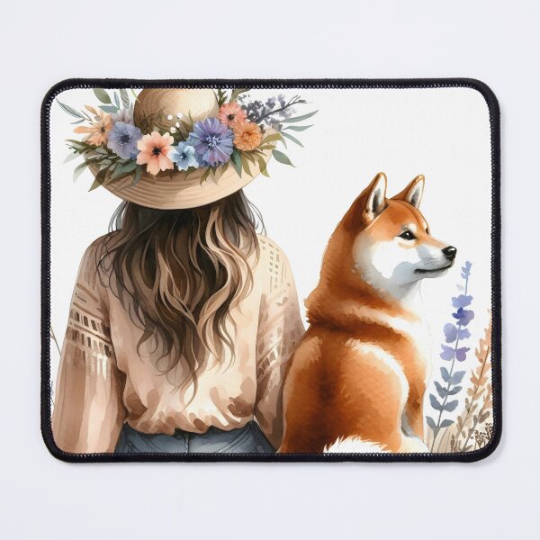 Item preview, Bohemian girl in floral straw hat sitting with beloved shiba inu dog illustration designed and sold by EmeraldeaArt.