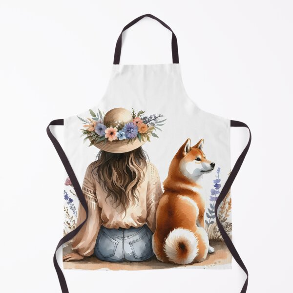 Item preview, Bohemian girl in floral straw hat sitting with beloved shiba inu dog illustration designed and sold by EmeraldeaArt.