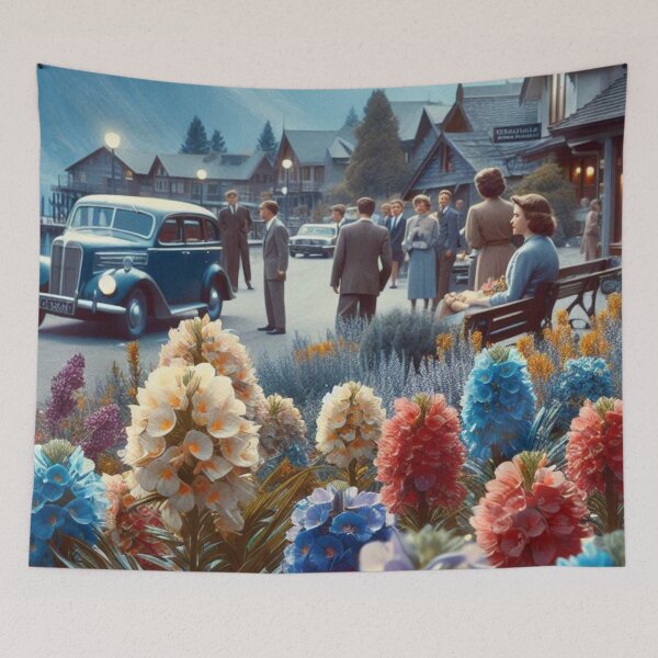 Item preview, Queen Town City in 60s Daylight Style – Retro AI Artwork with Floral Charm for City and Nature Lovers on Accessories designed and sold by knalpot-design.