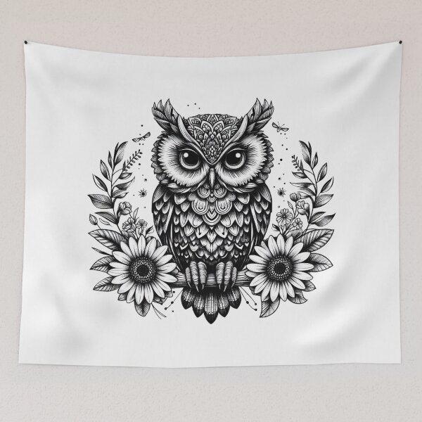 Item preview, Mystic Floral Owl (Black & White) designed and sold by TeetasticBtque.
