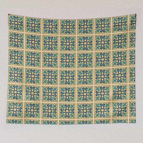 Item preview, A single square decorative tile with an intricate blue and teal pattern on a yellow background designed and sold by homydesign.