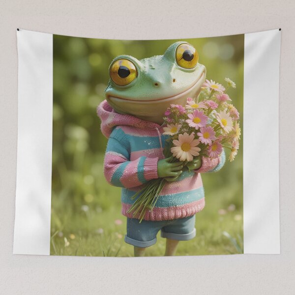 Item preview, Frog in Hoodie with Daisy Bouquet designed and sold by ACuriousshoppe.
